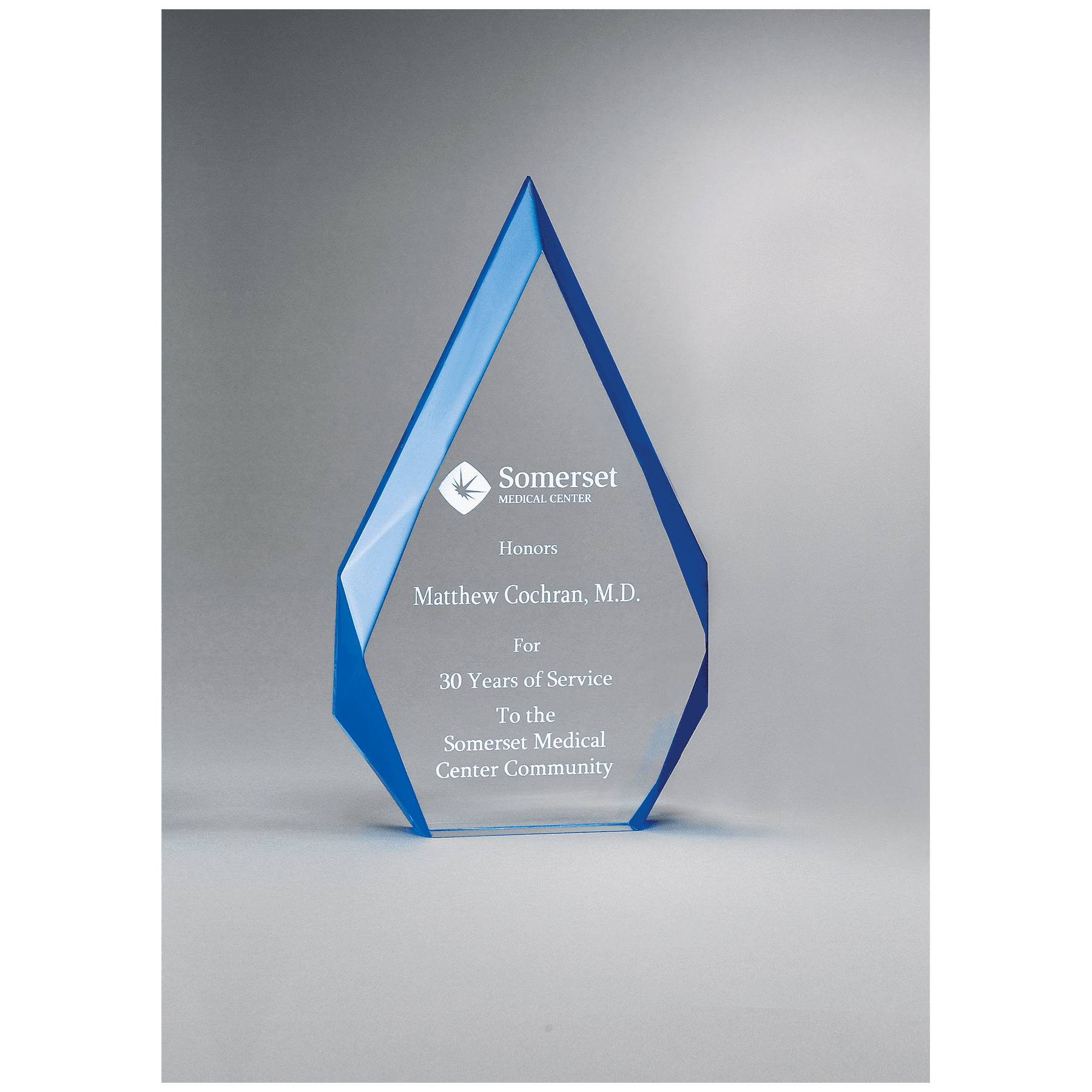 4 1/4" x 7 7/8" Flame Series Clear Freestanding Acrylic with Blue Accented Bevels