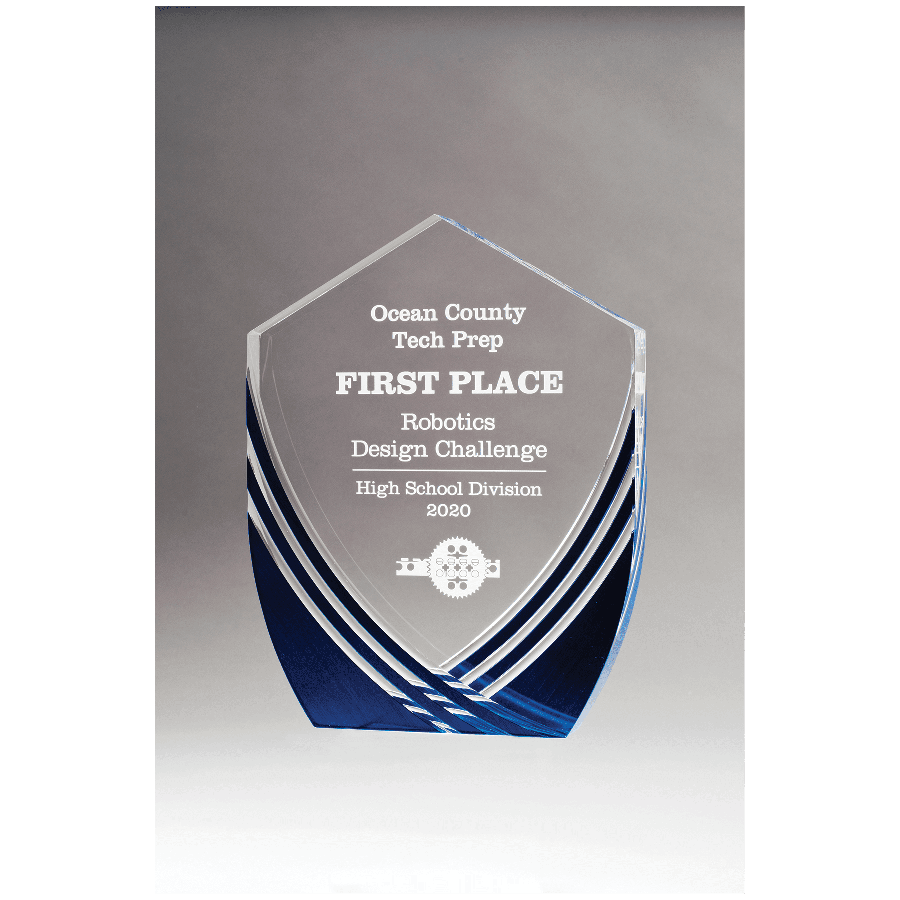 A7166 - 7 3/8" x 9 1/2" Shield Series Clear Acrylic with Polished Score Lines and Blue Metallic Accent