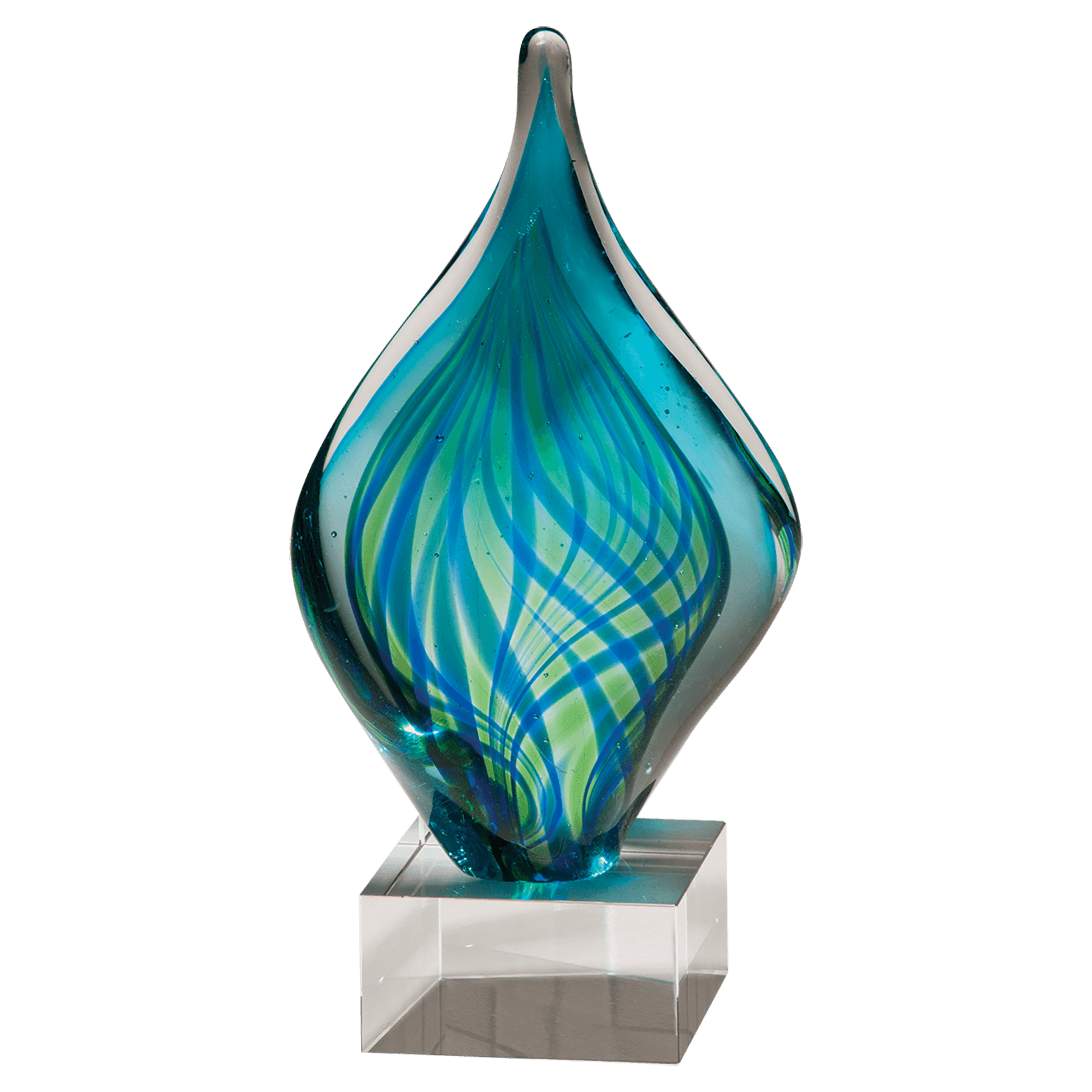 8 3/4" Blue and Green Twist Art Glass on Clear Glass Base