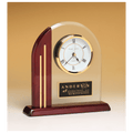BC919: 7 1/2" x 7 7/8" Arch Clock with Glass Upright and Rosewood Piano Finish Post and Base with Plate