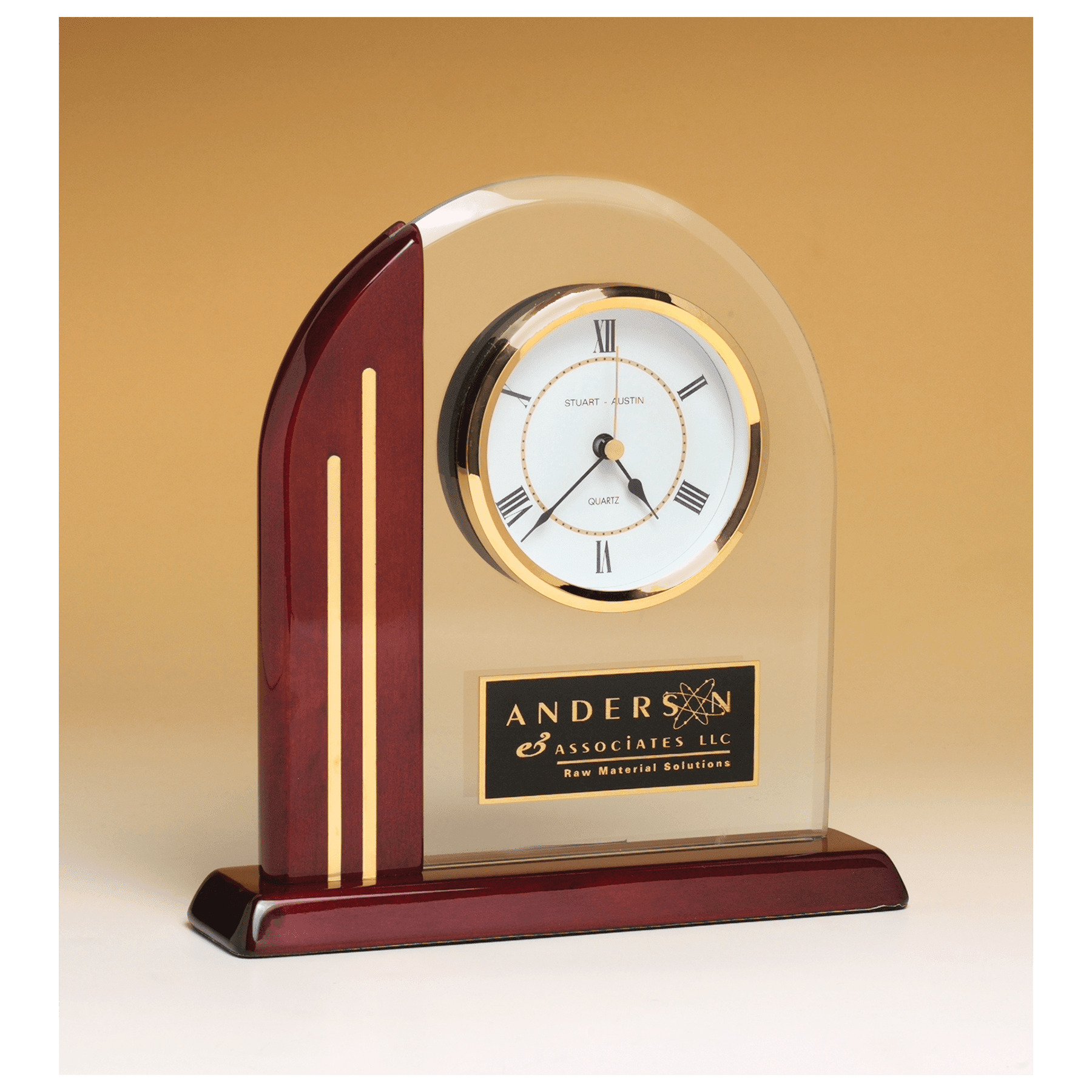 BC919: 7 1/2" x 7 7/8" Arch Clock with Glass Upright and Rosewood Piano Finish Post and Base with Plate