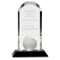 CRY308: 9" Clear Crystal Dome with Inset Golf Ball on Black Pedestal Base