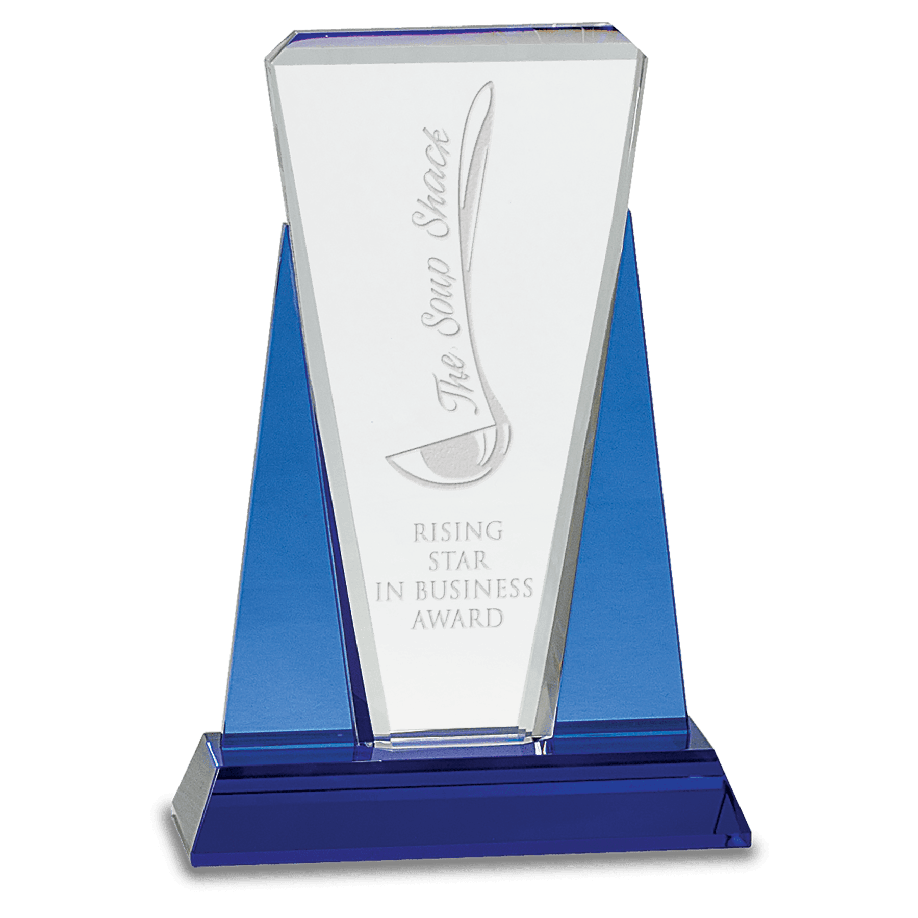 CRY535S - 6" x 8 1/2" Blue/Clear Wedge Crystal on Blue Pedestal Base