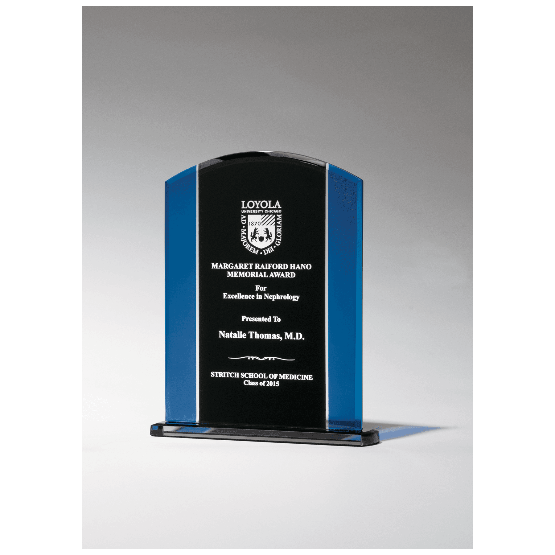 G2657 - 5 5/8" x 7 1/4" Clear Glass with Blue/Black Upright and Black Base
