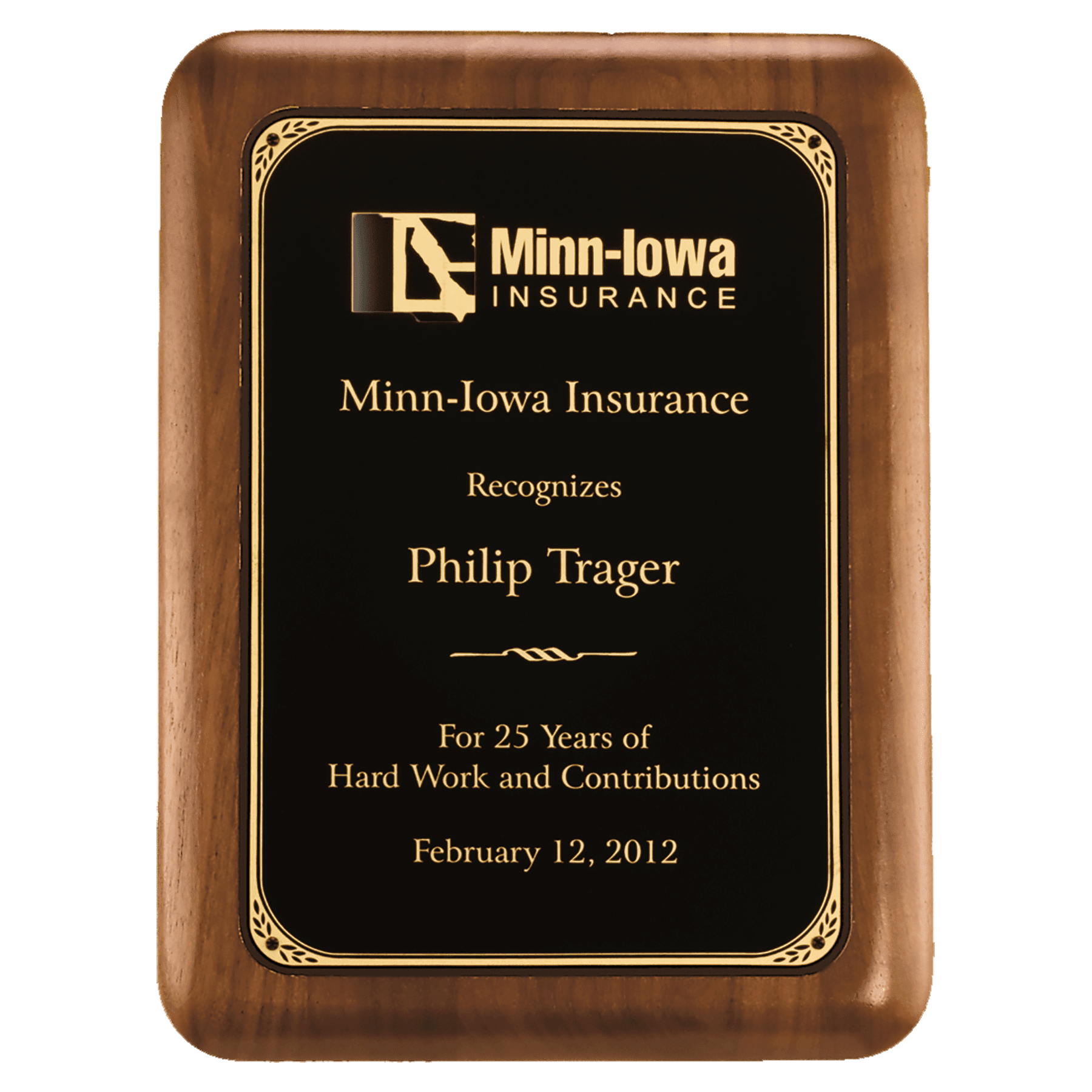 10 1/2" x 13" American Walnut Plaque with Gold Border Laserable Black Brass Plate