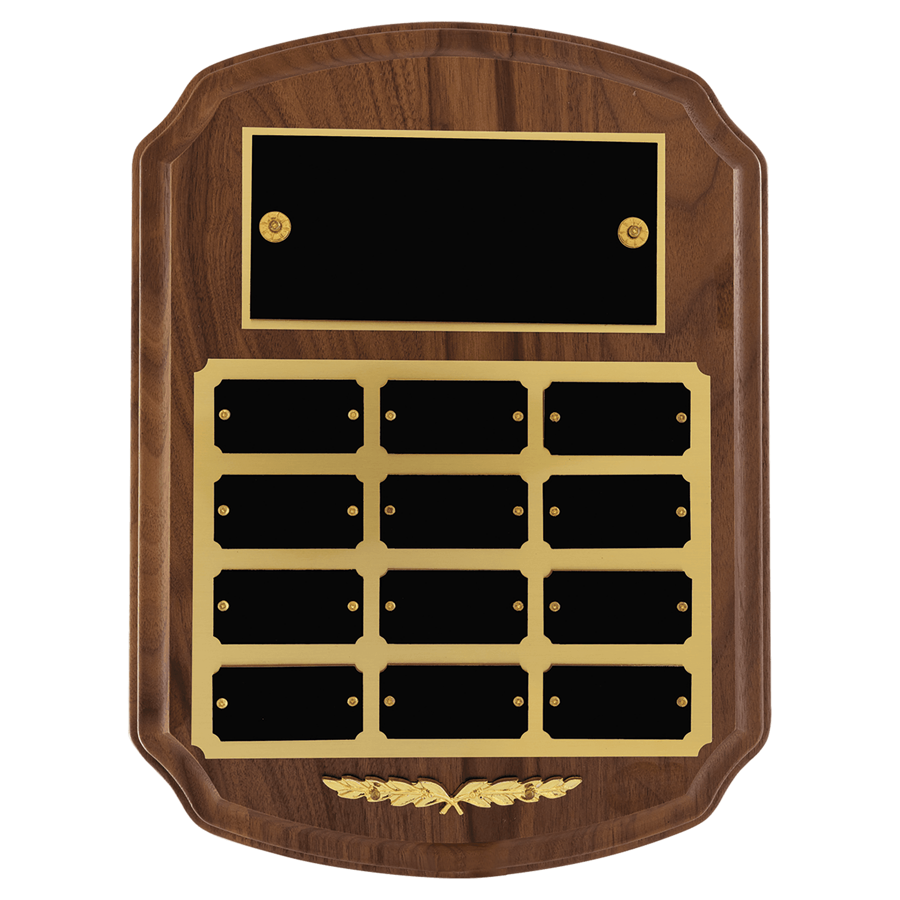 P184: 9" x 12"/Plates 1" x 2" American Walnut 12 Plate Perpetual Plaque with Black Brass Plates/Gold Trim