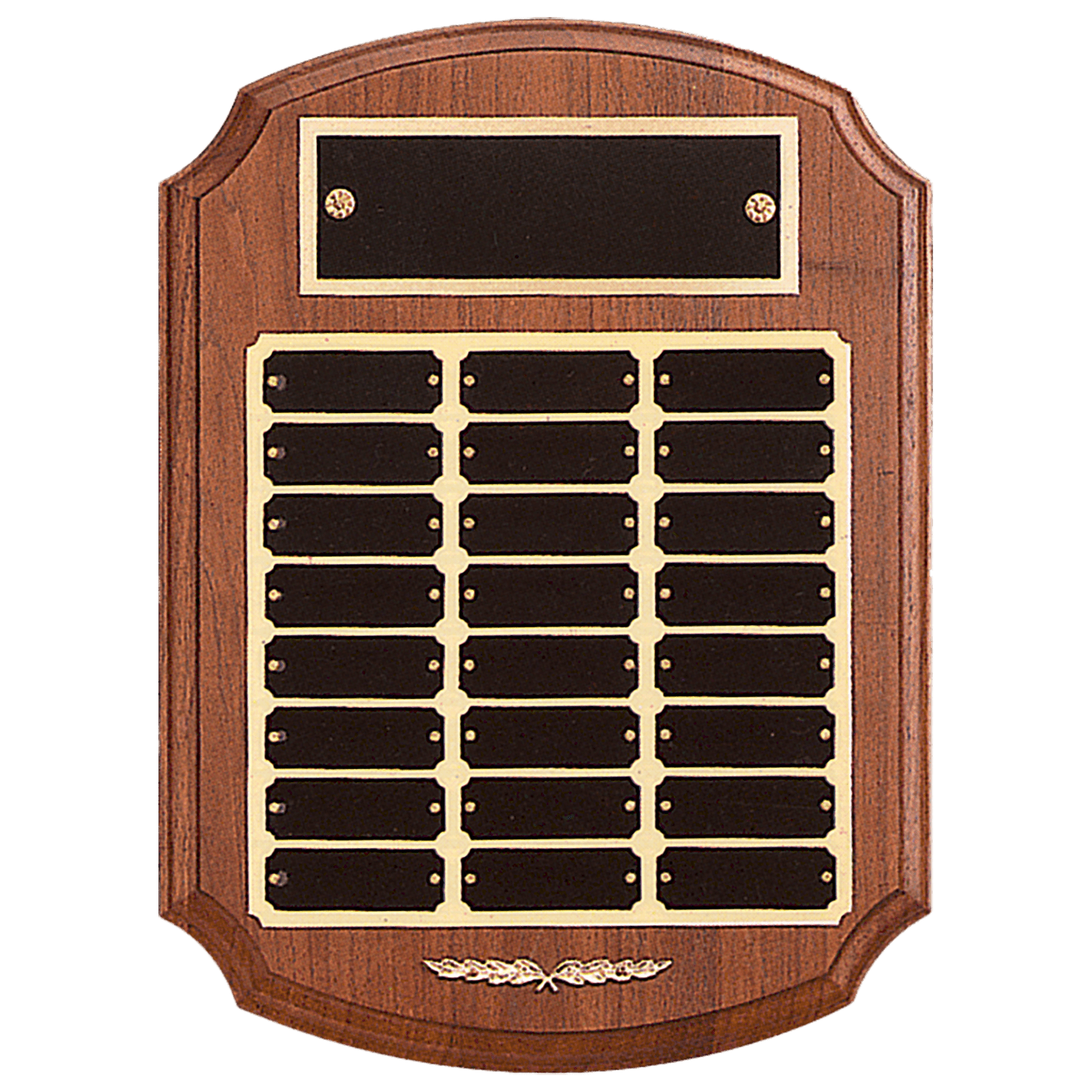 P185: 11" x 15" American Walnut 24 Plate Perpetual Plaque with Black Brass Plates/Gold Trim