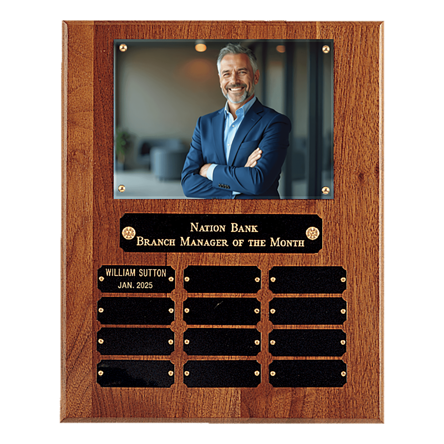 10 1/2" x 13" American Walnut 12 Plate Photo Plaque w/Black Brass Plates-Holds 5" x 7" Photo