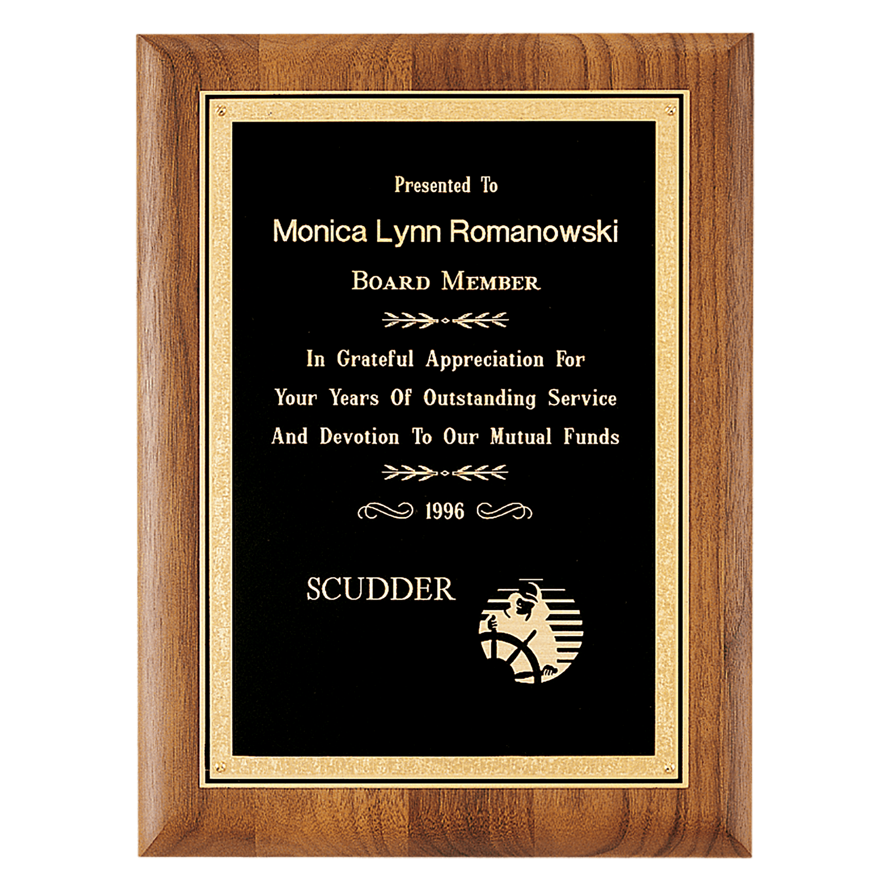 P2923 - 7" x 9" Walnut Plaque with Gold Florentine Border