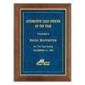 P3126: 10 1/2" x 13" American Walnut Step Edge Plaque with a Gold Border Sapphire Marble LaserFX Plate
