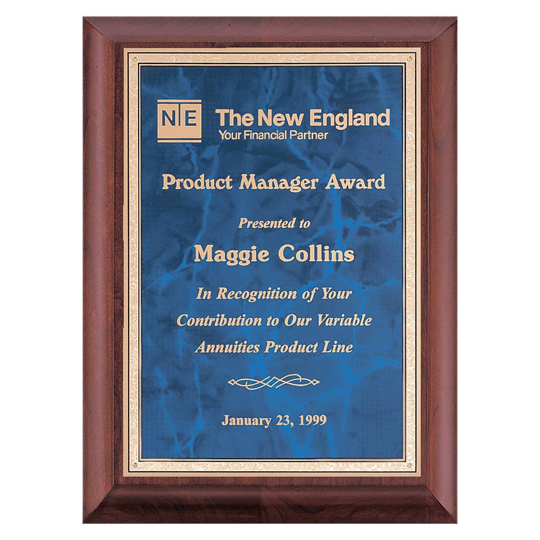 7" x 9" Hand Rubbed Cherry Finish Plaque with Sapphire Marble Gold Border LaserFX Plate