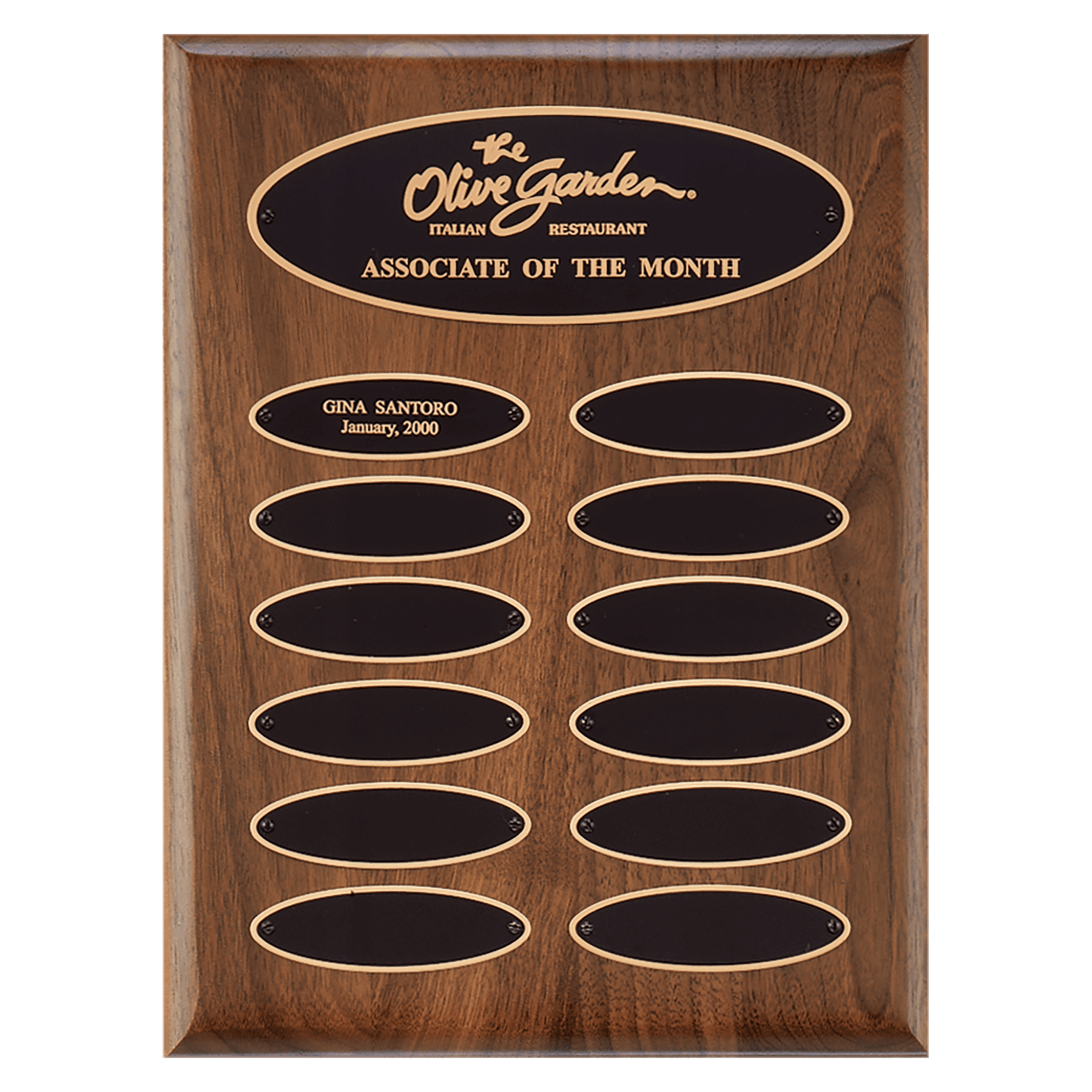 P3621: 9" x 12"/Plates 1" x 3 1/4" American Walnut 12 Plate Perpetual Plaque with Black Brass Elliptical Plates
