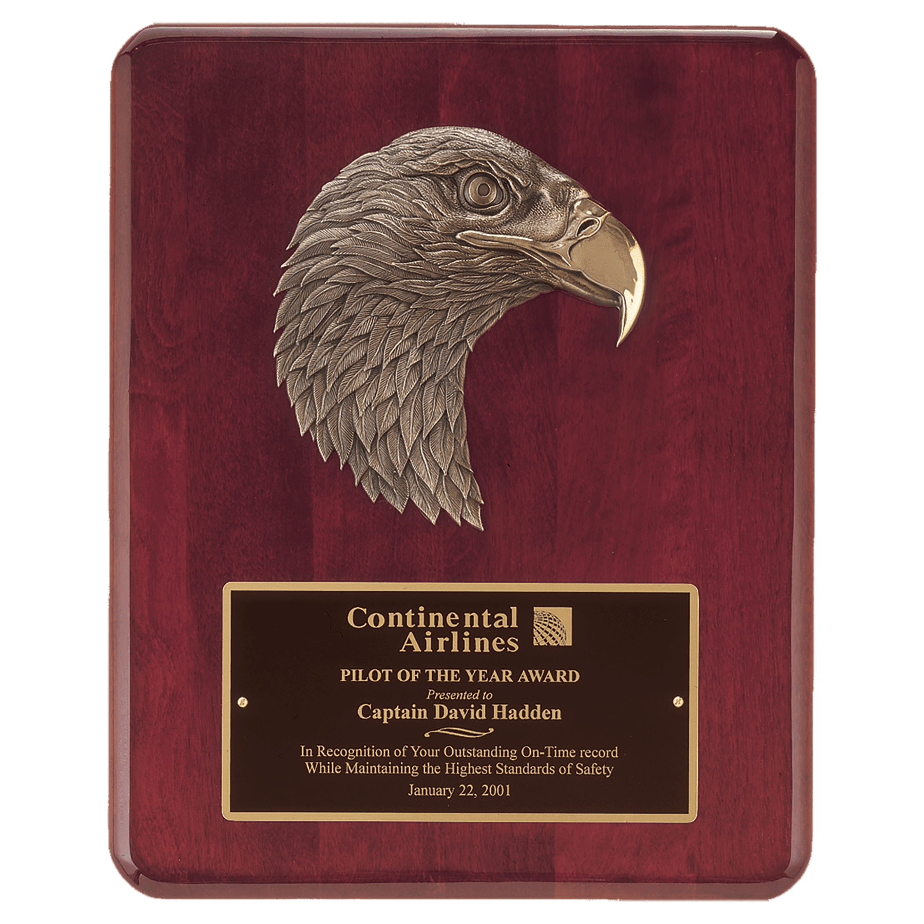 10 1/2" x 13" Rosewood Piano Finish Plaque with Finely Detailed Bronze Eagle Head Casting with Black Laserable Brass Plate