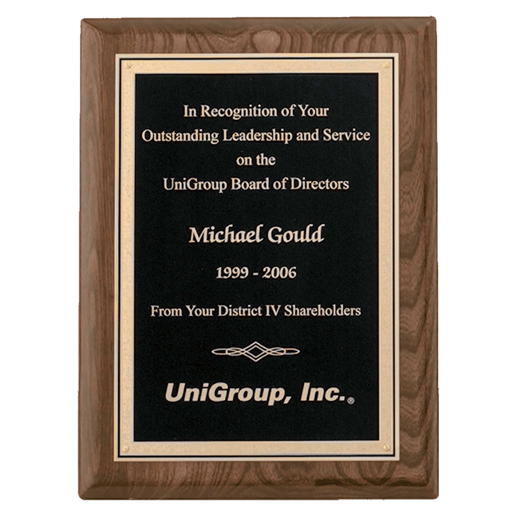 8" x 10" Airflyte Walnut Piano Finish Plaque with Textured Black/Gold Florentine Border LaserFX Plate