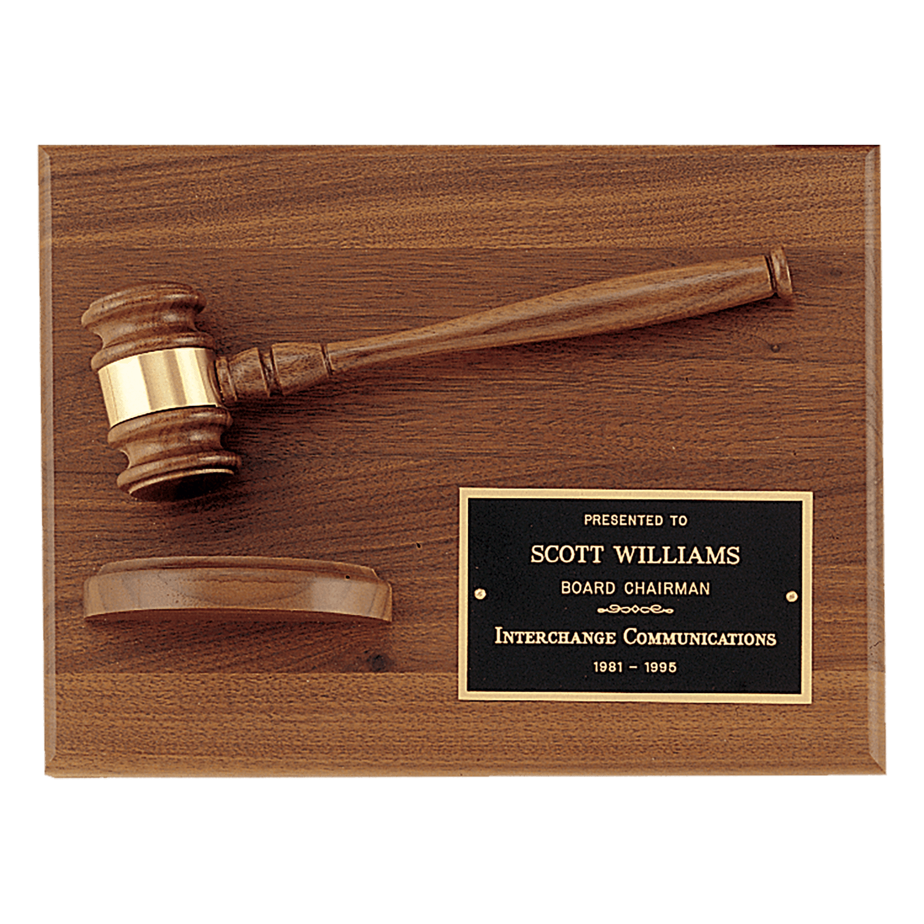 9" x 12" Solid Walnut Plaque with a Walnut Gavel, Gold Gavel Band, Black Laserable Brass Plate and a Walnut Half Sounding Block